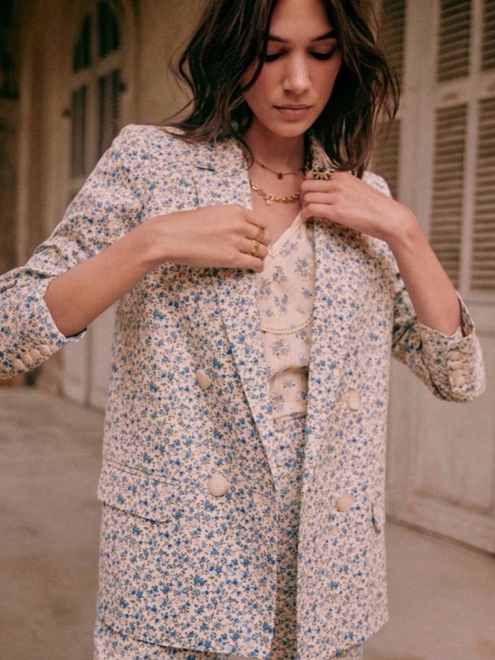Sézane Christie Blazer Blue Floral Linen French Chic Jacket FR 34 US 2